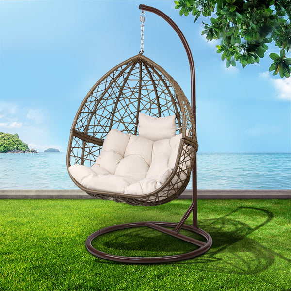 Gardeon Outdoor Egg Swing Chair Wicker Rattan Furniture Pod Stand Cushion Latte Swing Seats
