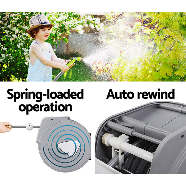 Water Hose Reel 30M Retractable Garden Auto Rewind Brass Spray Gun Hose Reels & Storage