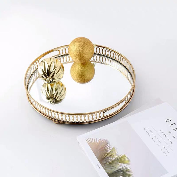 25Cm Gold Round Glass Mirror Base Metal Vanity Food Serving Organizer Tray Trays