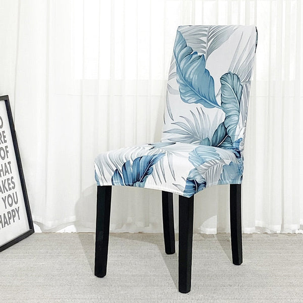 Chair Cover Sky Blue Leaf Design Anti Dirt Elastic Material For Slipcovers