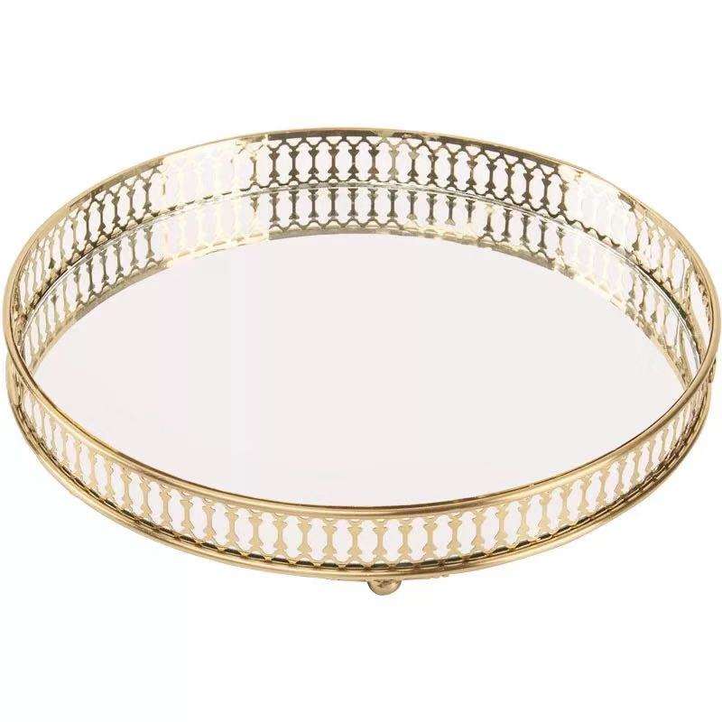 25Cm Gold Round Glass Mirror Base Metal Vanity Food Serving Organizer Tray Trays