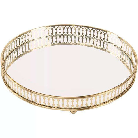 31.5Cm Gold Round Glass Mirror Base Metal Vanity Food Serving Organiser Tray Trays