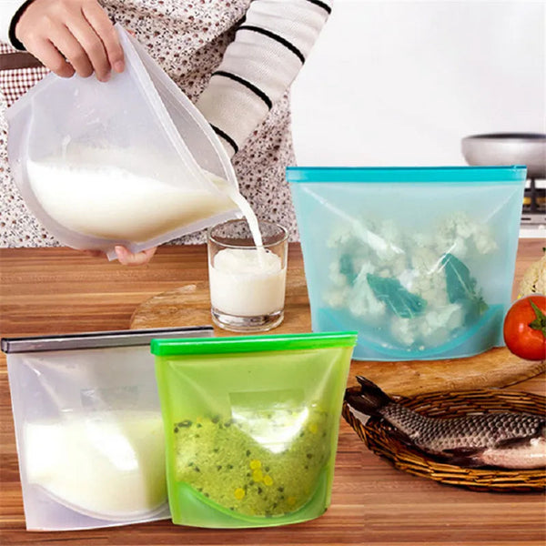Silicone Bags Reusable Food Airtight Seal Grade For Vegetable Liquid Snack Meat Food Storage Bags