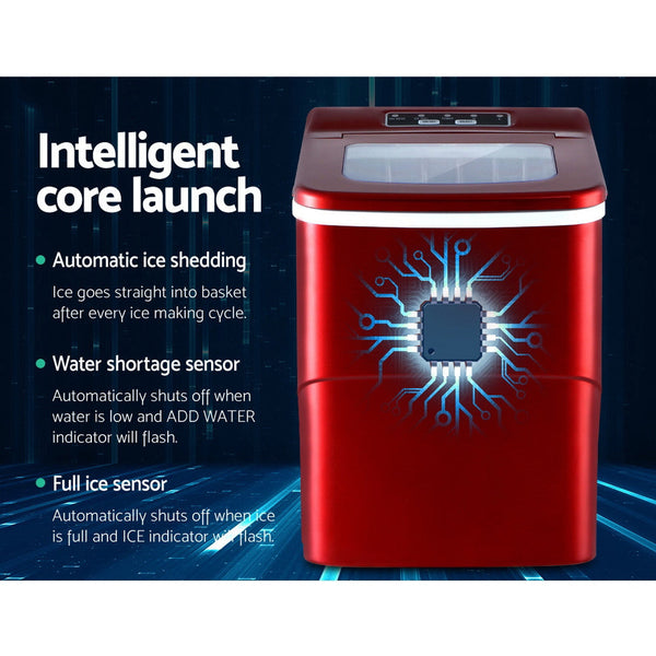 Devanti Portable Ice Cube Maker Machine 2L Home Bar Benchtop Easy Quick Red Countertop Ice Makers