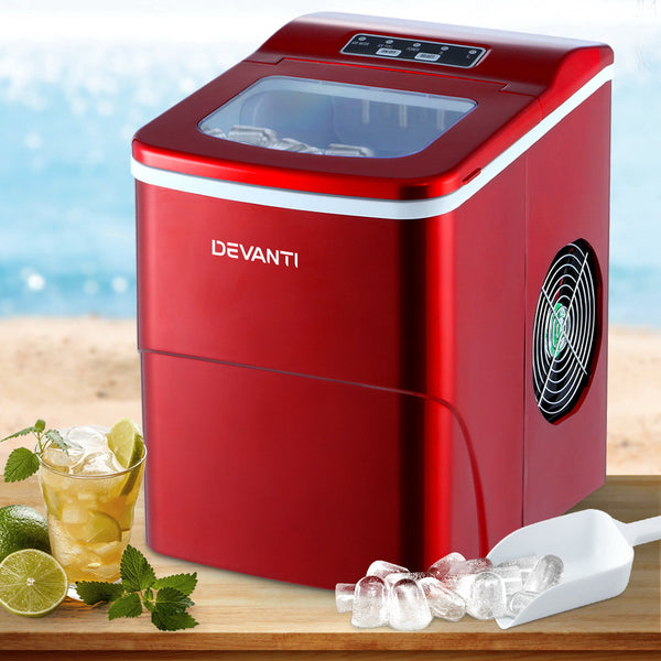Devanti Portable Ice Cube Maker Machine 2L Home Bar Benchtop Easy Quick Red Countertop Ice Makers