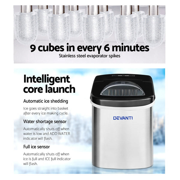 Devanti 2.4L Stainless Steel Portable Ice Cube Maker Countertop Ice Makers