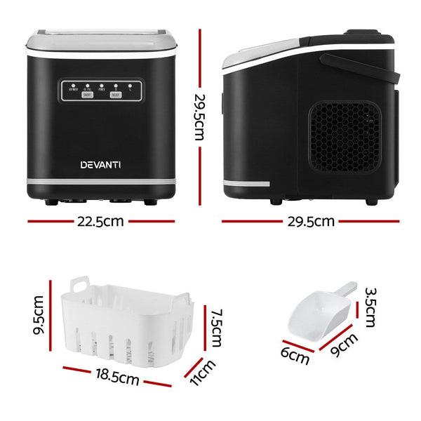 Devanti Ice Maker Machine Portable 12Kg Countertop W/Self Cleaning 1.3L Black Countertop Ice Makers