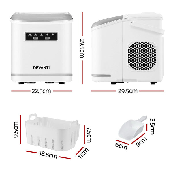 Devanti Ice Maker Machine Portable 12Kg Countertop W/Self Cleaning 1.3L White Countertop Ice Makers