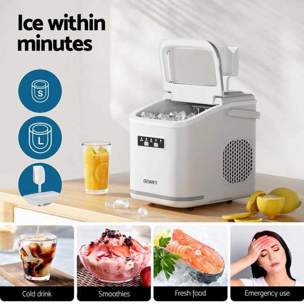 Devanti Ice Maker Machine Portable 12Kg Countertop W/Self Cleaning 1.3L White Countertop Ice Makers