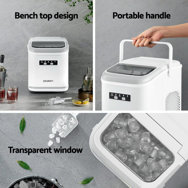 Devanti Ice Maker Machine Portable 12Kg Countertop W/Self Cleaning 1.3L White Countertop Ice Makers