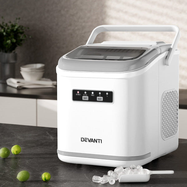 Devanti Ice Maker Machine Portable 12Kg Countertop W/Self Cleaning 1.3L White Countertop Ice Makers