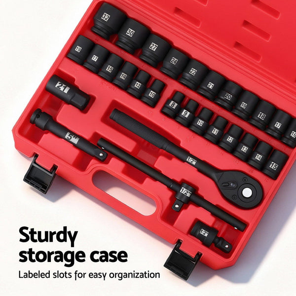 Giantz 30Pc 1/2" Drive Socket Set Cr V Steel 8 32Mm Workshop Repair Sockets & Socket Sets