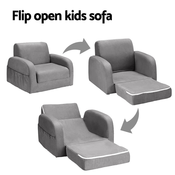 Keezi Kids Sofa 1 Seater Children Flip Open Couch Lounger Armchair Soft Grey Kids Sofas Armchairs