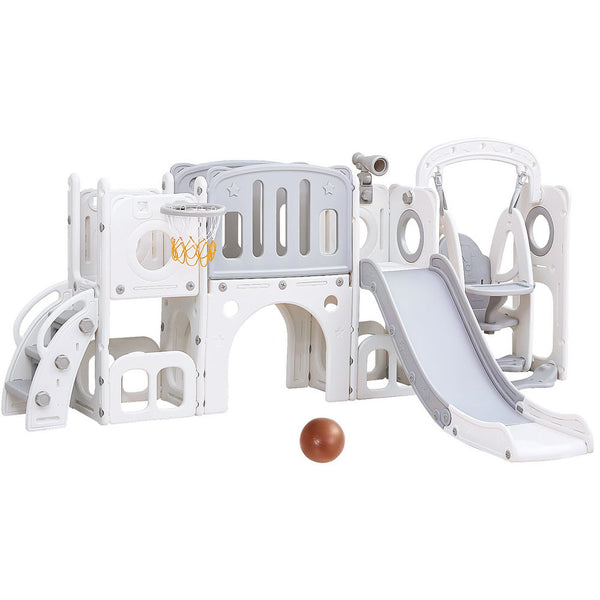 Keezi Kids Slide Swing Set Basketball Hoop Ring Football Outdoor Toys 132Cm Grey Outdoor Swings
