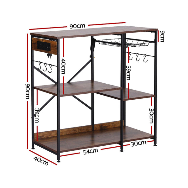 Artiss 3 Tier Kitchen Rack With 2 Power Outlets & 6 Hooks 90Cm Racks & Holders