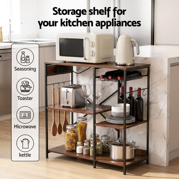 Artiss 3 Tier Kitchen Rack With 2 Power Outlets & 6 Hooks 90Cm Racks & Holders