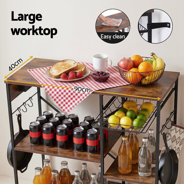 Artiss 3 Tier Kitchen Rack With 2 Power Outlets & 6 Hooks 90Cm Racks & Holders