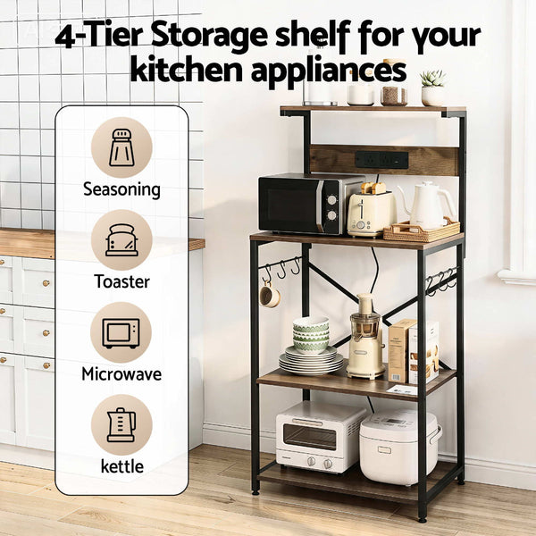 Artiss 4 Tier Kitchen Rack With 2 Outlets & 6 Hooks Racks & Holders