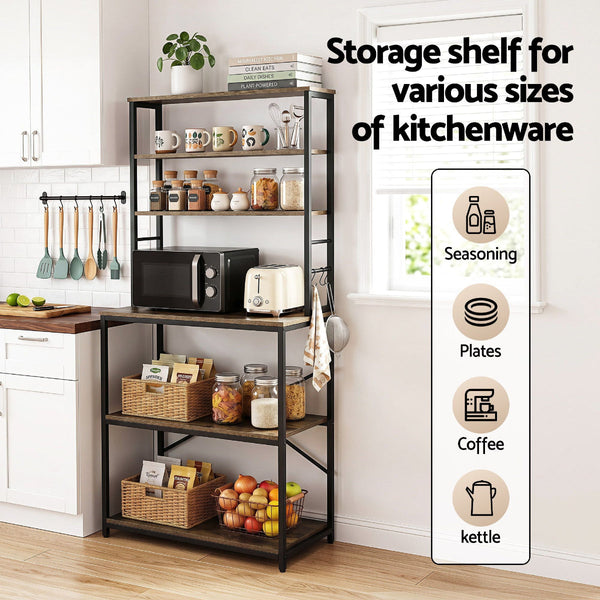 Artiss 6 Tier Kitchen Rack With Hooks 80Cm X 167Cm Black Brown Racks & Holders