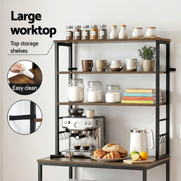 Artiss 6 Tier Kitchen Rack With Hooks 80Cm X 167Cm Black Brown Racks & Holders