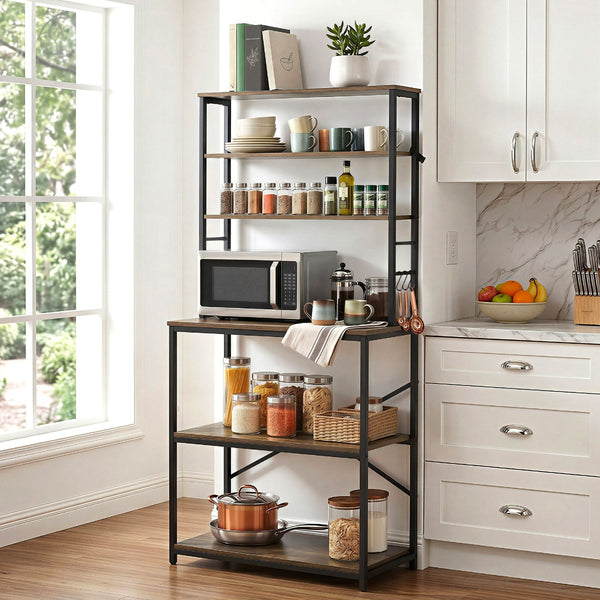 Artiss 6 Tier Kitchen Rack With Hooks 80Cm X 167Cm Black Brown Racks & Holders