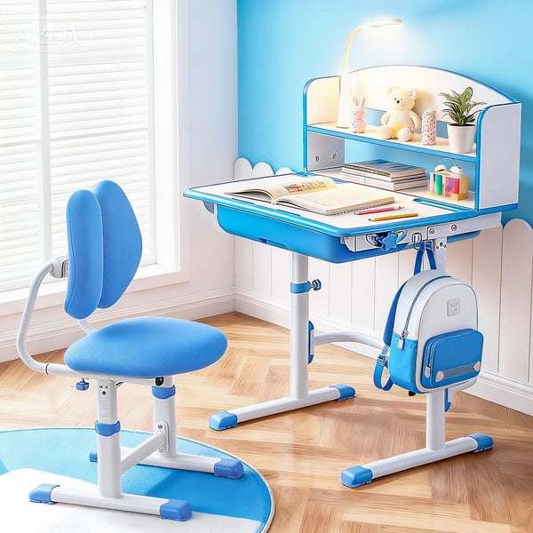 Keezi Kids Study Desk Chair Set Adjustable Ergonomic Table Led Lamp Blue Home Office Desks