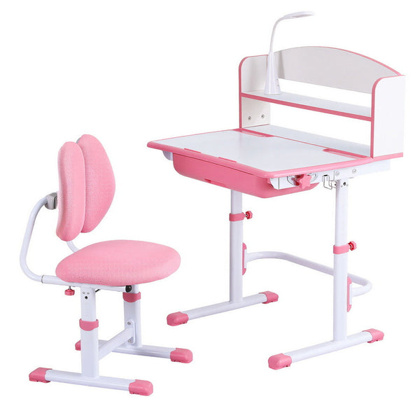Keezi Kids Study Desk Chair Set Adjustable Ergonomic Table Led Lamp Pink Home Office Desks