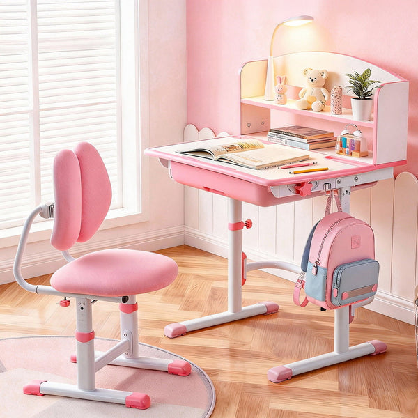 Keezi Kids Study Desk Chair Set Adjustable Ergonomic Table Led Lamp Pink Home Office Desks
