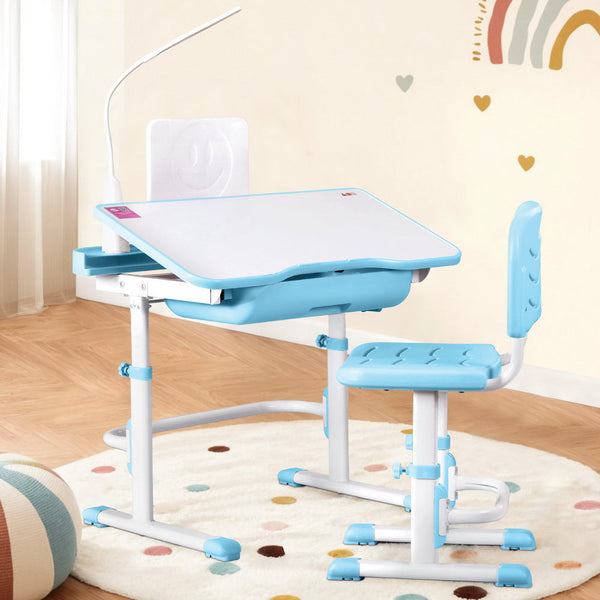 Keezi Kids Table And Chair Set Adjustable Study Desk W/ Led Lamp Reading Blue Kids Play Table & Chair Sets