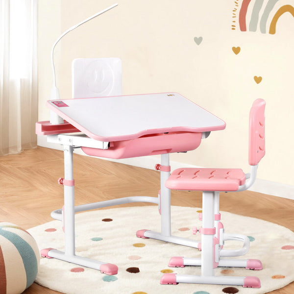 Keezi Kids Table And Chair Set Adjustable Study Desk W/ Led Lamp Reading Pink Kids Play Table & Chair Sets