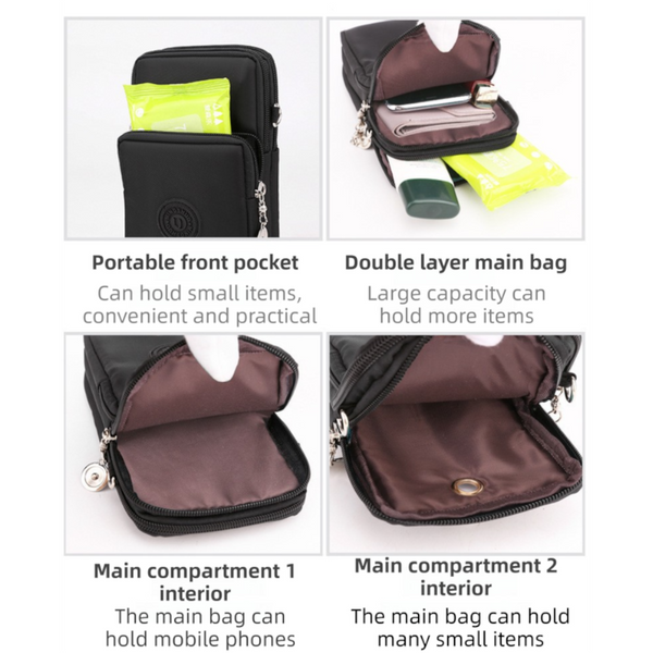 Khaki 3 Layer Waterproof Nylon Vertical Crossbody Phone Bag Lightweight Purse With Headphone Jack & Adjustable Strap Bags