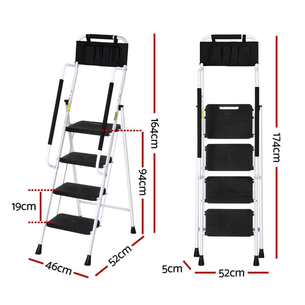 Giantz 4 Step Ladder Multi Purpose Folding Steel Platform Tool Bag Handrails Folding & Step Ladders