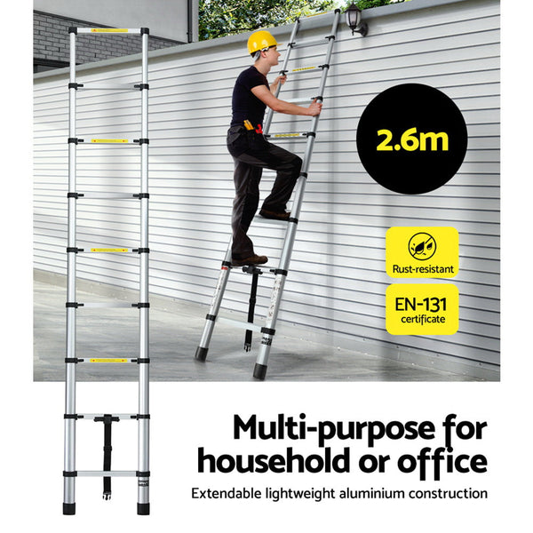 Giantz 2.6M Telescopic Ladder Aluminium Extension Extendable Steps Adjustable Height Folding & Step Ladders