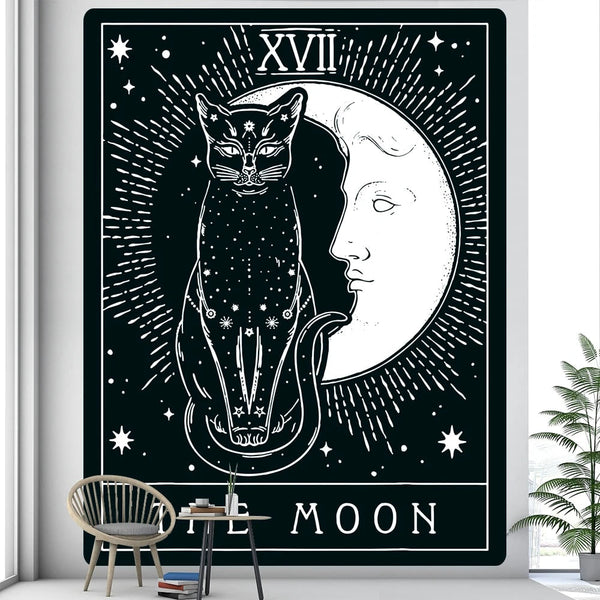 Tapestry Black The Moon Cat 200X150 Cm Decor Bohemian Art Tapestries