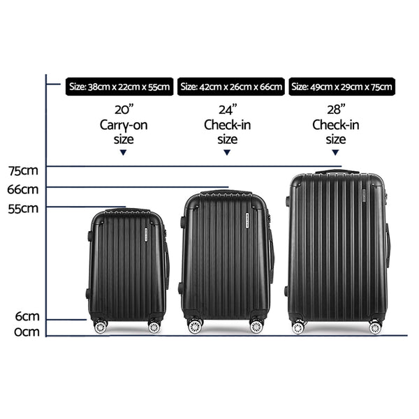 Wanderlite 3 Set Luggage 20 24 28 Inch With Zipper Lock Carry On Hard Shell Travel Suitcase Luggage Case Black Suitcases