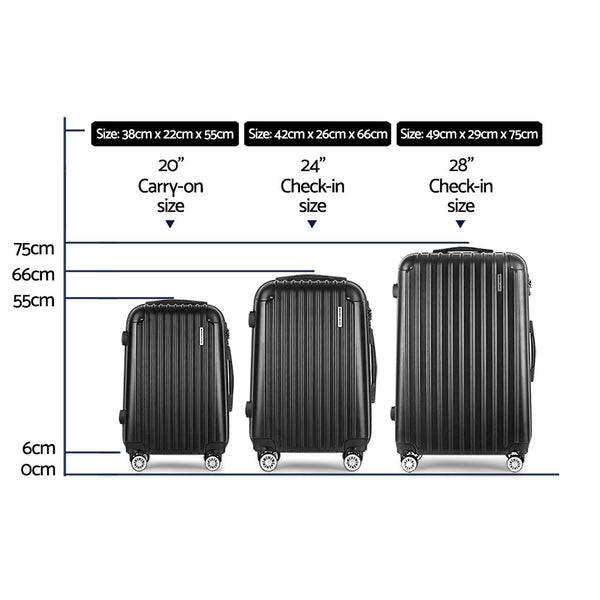 Wanderlite 3 Set Luggage 20 24 28 Inch With Tsa Lock Spinner Hard Shell Travel Suitcase Luggage Organiser Case Black Suitcases