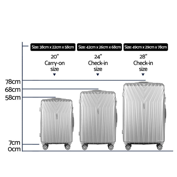 Wanderlite 3 Set Luggage 20 24 28 Inch Suitcase With Tsa Lock Carry On Hard Shell Travel Luggage Organiser Case Silver Suitcases