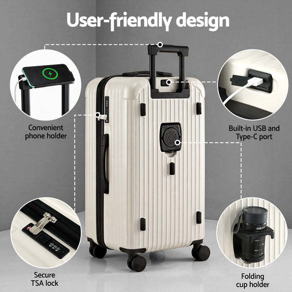 Wanderlite 28" Trunk Luggage With Usb C Tsa Lock 5 Wheels Smoky White Suitcases