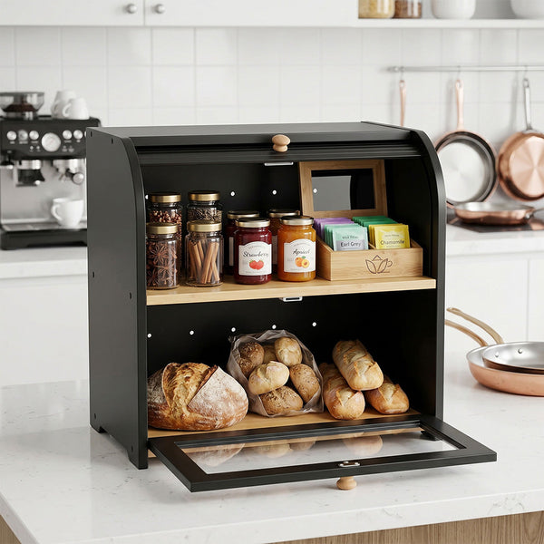 Toque 2 Tier Bamboo Bread Bin With Roll Top Door Kitchen Storage Bread Bins
