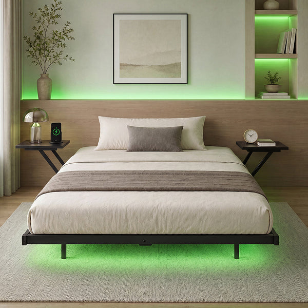 Levede Double Bed Frame Floating With Storage Shelves Rgb Lights Black Double Bed Frames