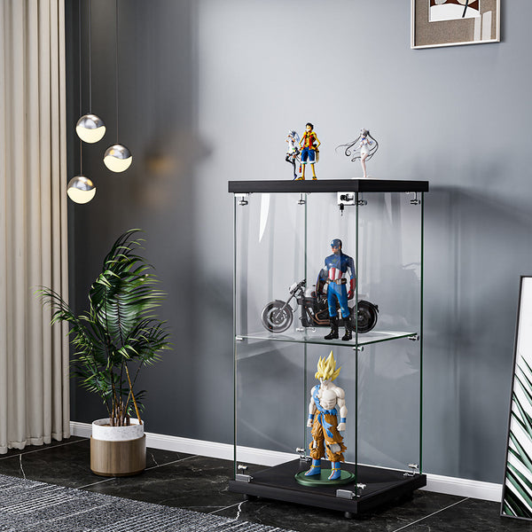 2 Tier Tempered Glass Display Cabinet With Lock Black Collection Storage Cabinets & Cupboards