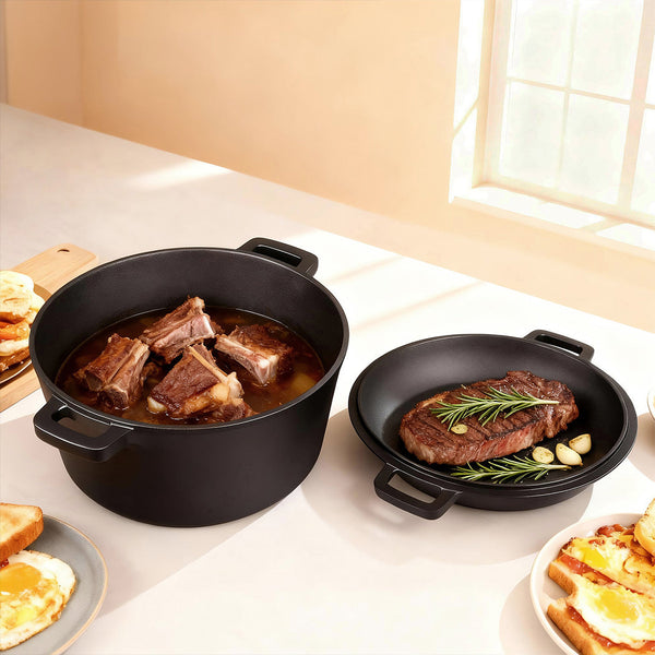 Toque 5.84L Double Dutch Oven 2 In 1 Cast Iron Pan Black Saucepans & Stockpots