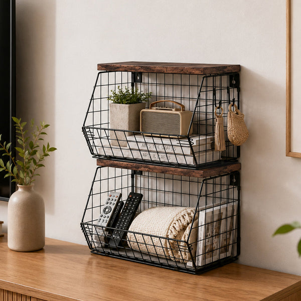 Toque 2Pcs Stackable Wall Mounted Kitchen Fruit Storage Basket With Wood Lid Storage Bins & Baskets