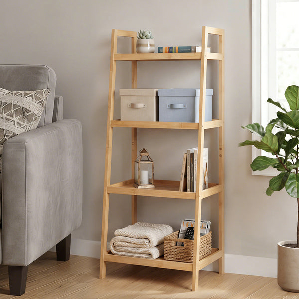 Levede Bamboo Ladder Bookcase 4 Shelf Books Plant Storage Rack Organiser Bookshelves