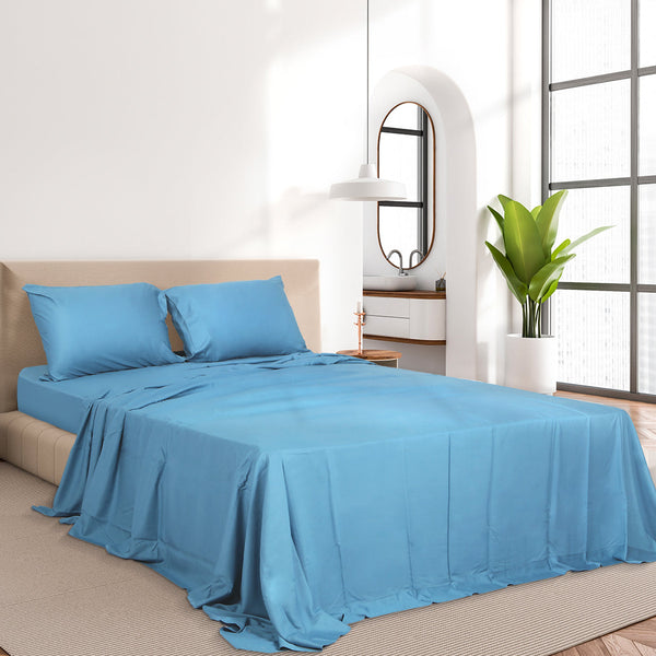 Dreamz 4Pcs King Size 100% Bamboo Bed Sheet Set In Soft Blue Colour Hypoallergenic Cool Sheets