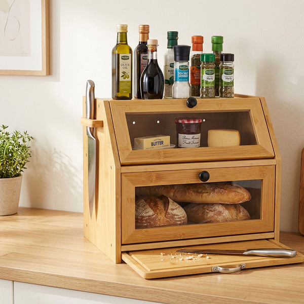 Toque Double Layer Bamboo Bread Box With Window & Cutting Board Bread Bins