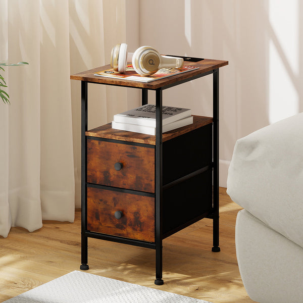 Levede Bedside Table With 2 Drawers Charging Station Brown Side Tables