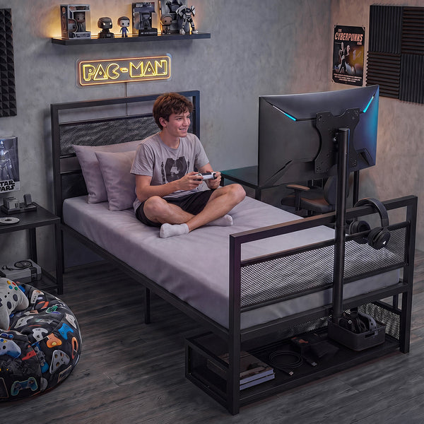 Levede Single Metal Gaming Bed Frame With Rotating Tv Mount & Storage Single Bed Frames