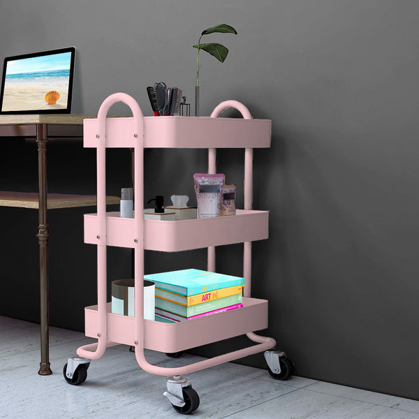 Levede 3 Tier Kitchen Trolley Cart Pink Rolling Storage Organizer For Home Office Kitchen Carts
