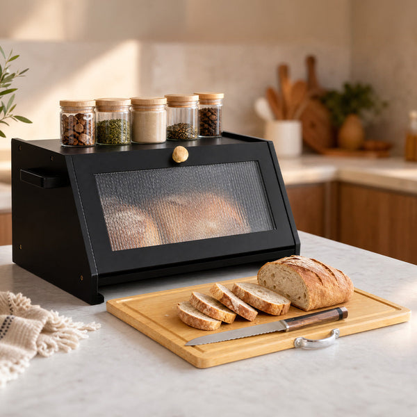Toque Bamboo Bread Box With Cutting Board & Knife Holder Black Bread Bins